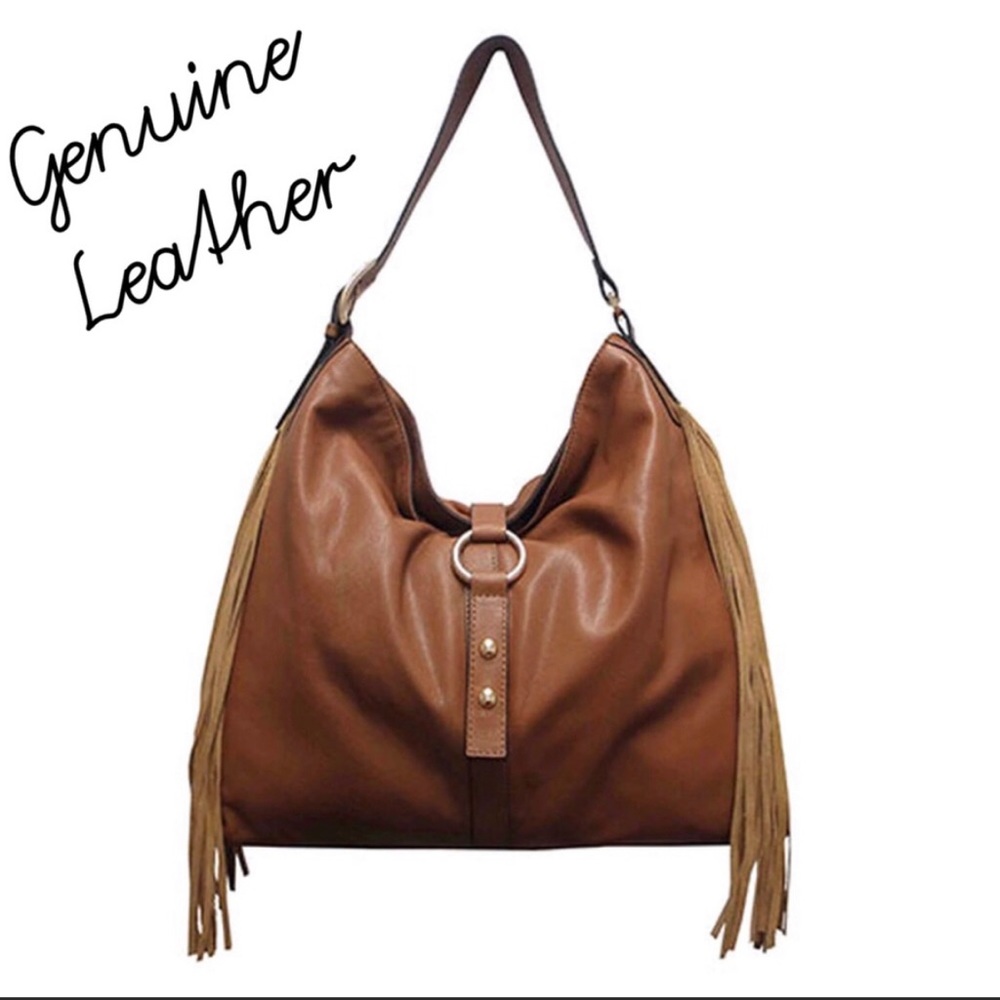Gorgeous Saddle Brown Leather Hobo wSuede Fringe